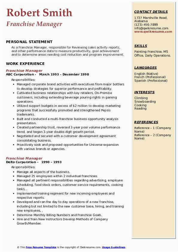 Sample Resume for Franchise Operations Manager Franchise Manager Resume Samples