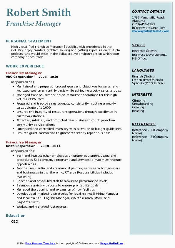 Sample Resume for Franchise Operations Manager Franchise Manager Resume Samples