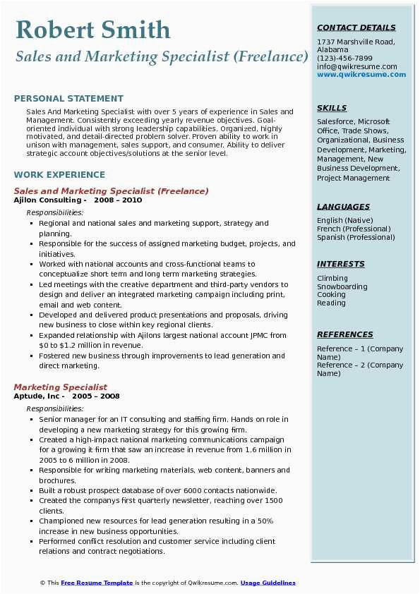 Sample Resume for Freelance Marketing Specialist Sales and Marketing Specialist Resume Samples