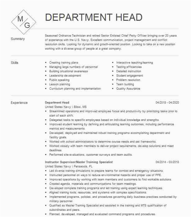 Sample Resume for Head Of Department Department Head Resume Example Hobby Lobby Houston Texas