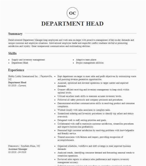 Sample Resume for Head Of Department Department Head Resume Example Pany Name 5700 Pine
