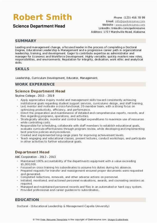 Sample Resume for Head Of Department Department Head Resume Samples