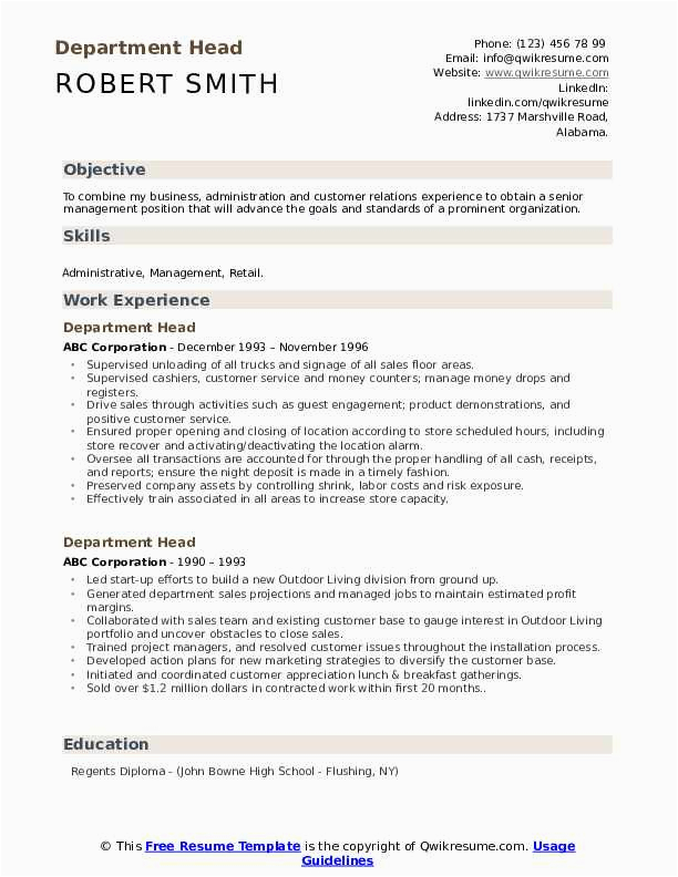 Sample Resume for Head Of Department Department Head Resume Samples