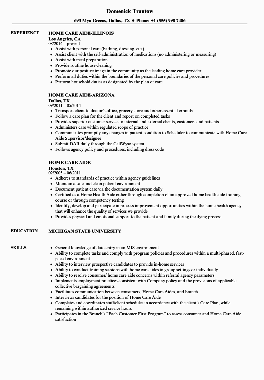 Sample Resume for Health Care Aide Job Home Health Aide Job Description Resume