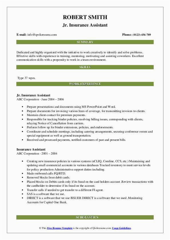 Sample Resume for Insurance Agent assistant Insurance assistant Resume Samples