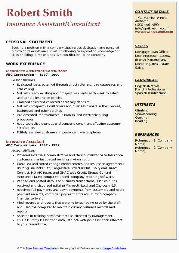 Sample Resume for Insurance Agent assistant Insurance assistant Resume Samples