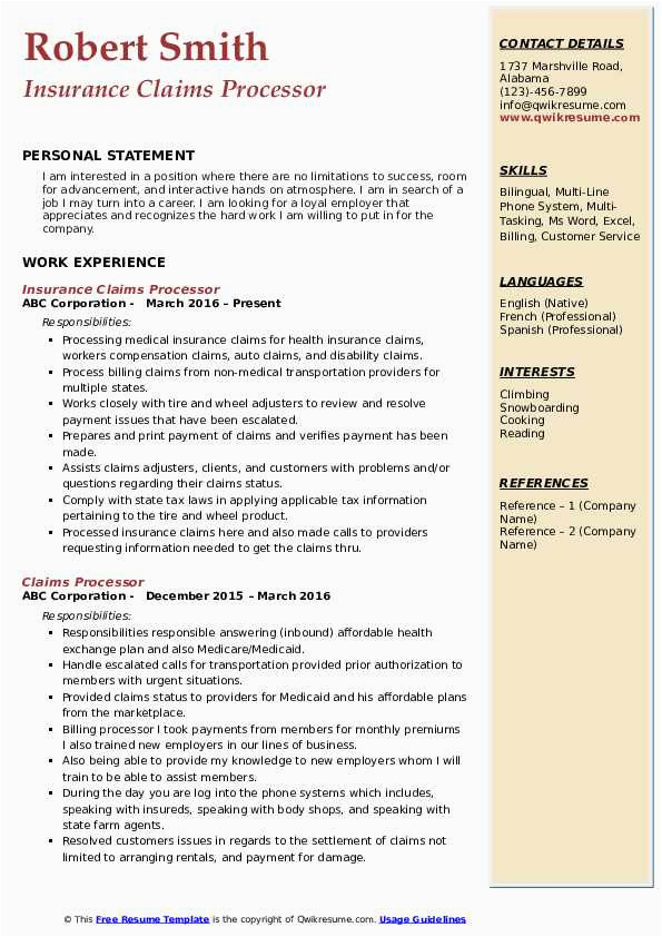 Sample Resume for Insurance Claims Processor Claims Processor Resume Samples