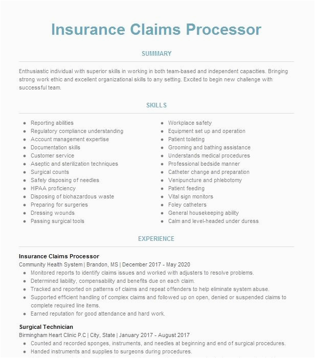 Sample Resume for Insurance Claims Processor Insurance Claims Processor Resume Example Aaa southern California