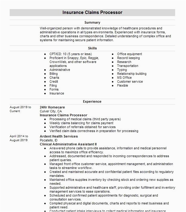 Sample Resume for Insurance Claims Processor Insurance Claims Processor Resume Example asurion Insurance Services