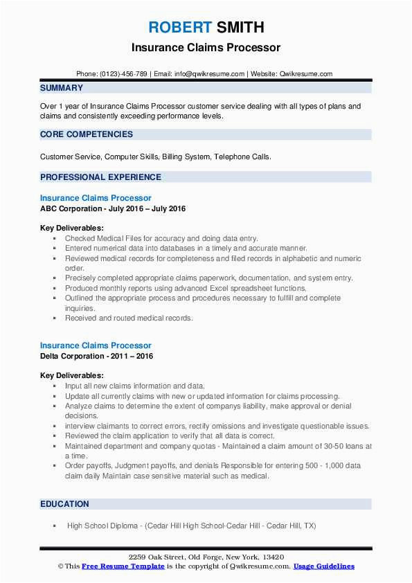 Sample Resume for Insurance Claims Processor Insurance Claims Processor Resume Samples