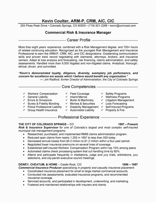 Sample Resume for Insurance Operations Executive Insurance Manager Resume Example