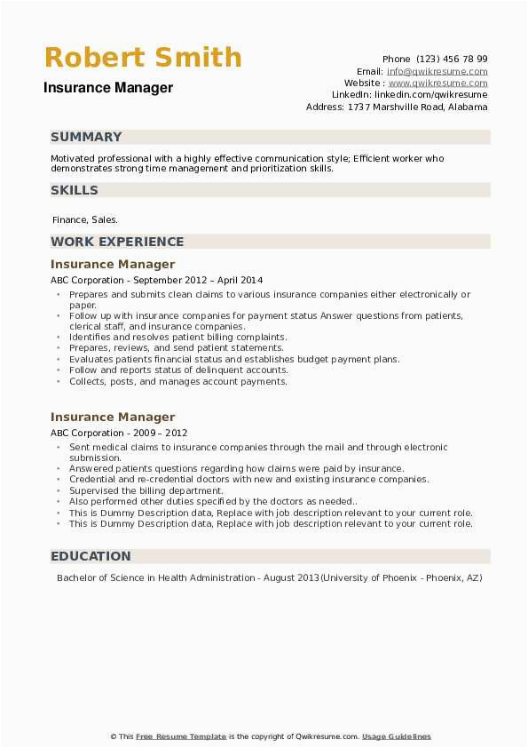 Sample Resume for Insurance Operations Executive Insurance Manager Resume Samples