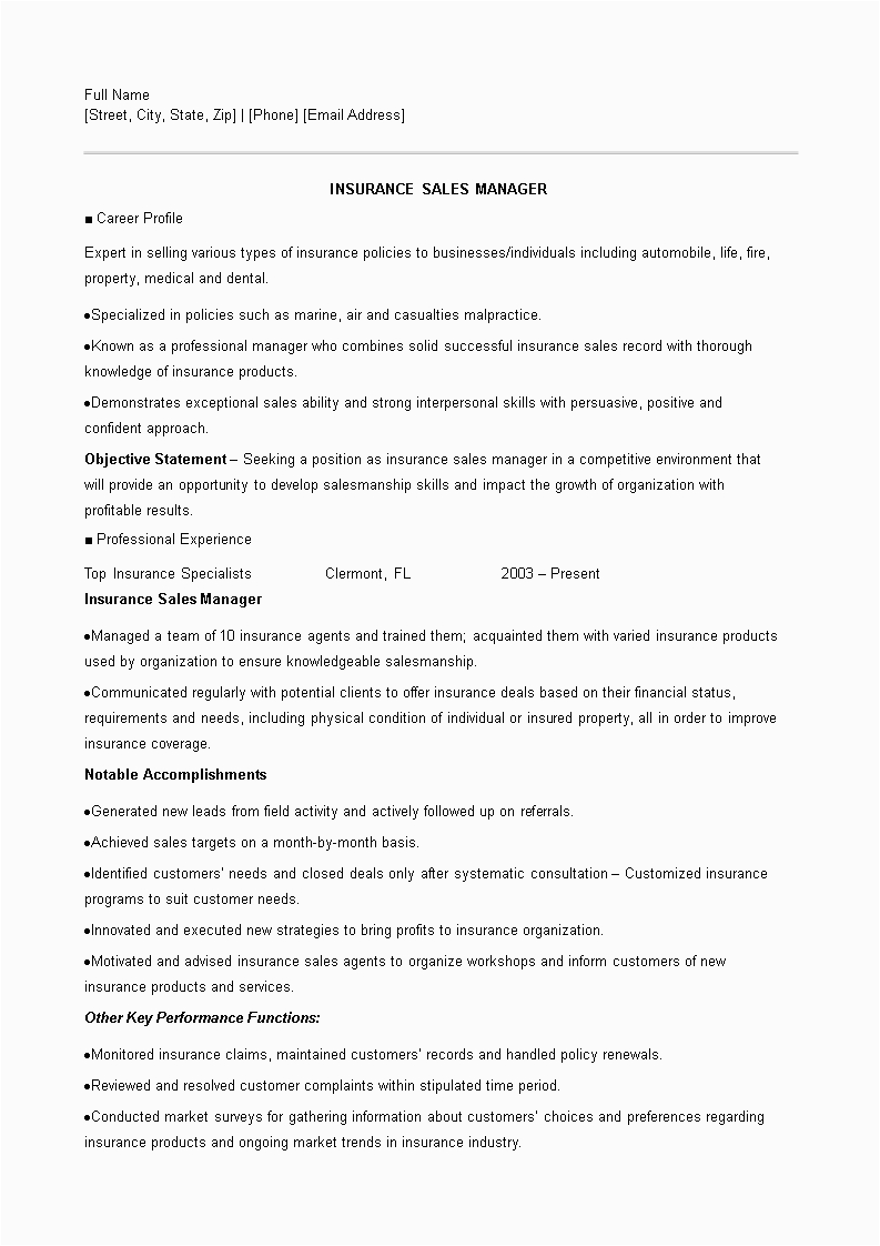 Sample Resume for Insurance Sales Executive Resume Of An Insurance Sales Executive