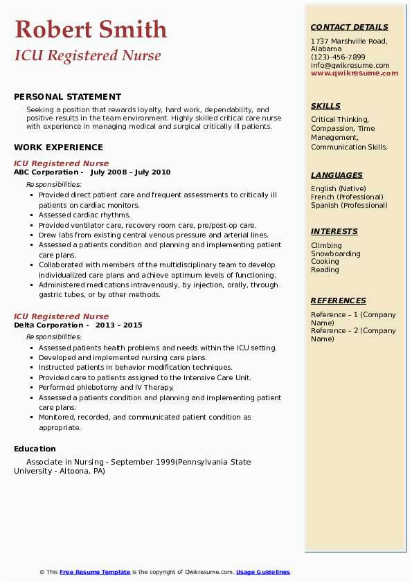 Sample Resume for Intensive Care Nurse Icu Registered Nurse Resume Samples