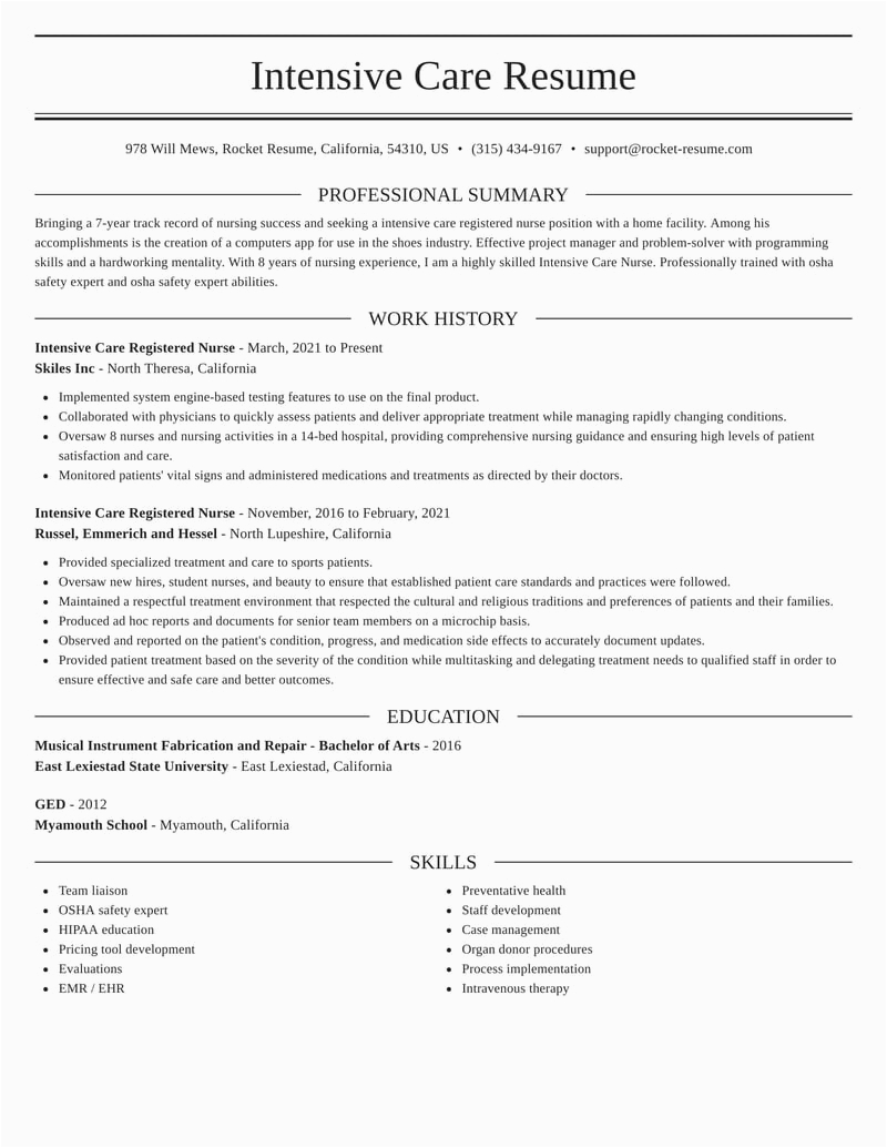 Sample Resume for Intensive Care Nurse Intensive Care Registered Nurse Resumes