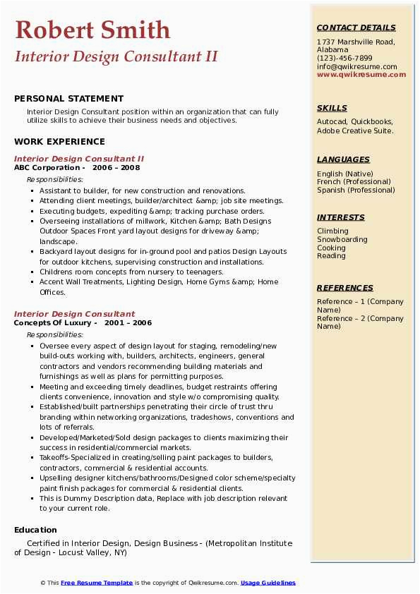 Sample Resume for Interior Design Consultant Interior Design Consultant Resume Samples