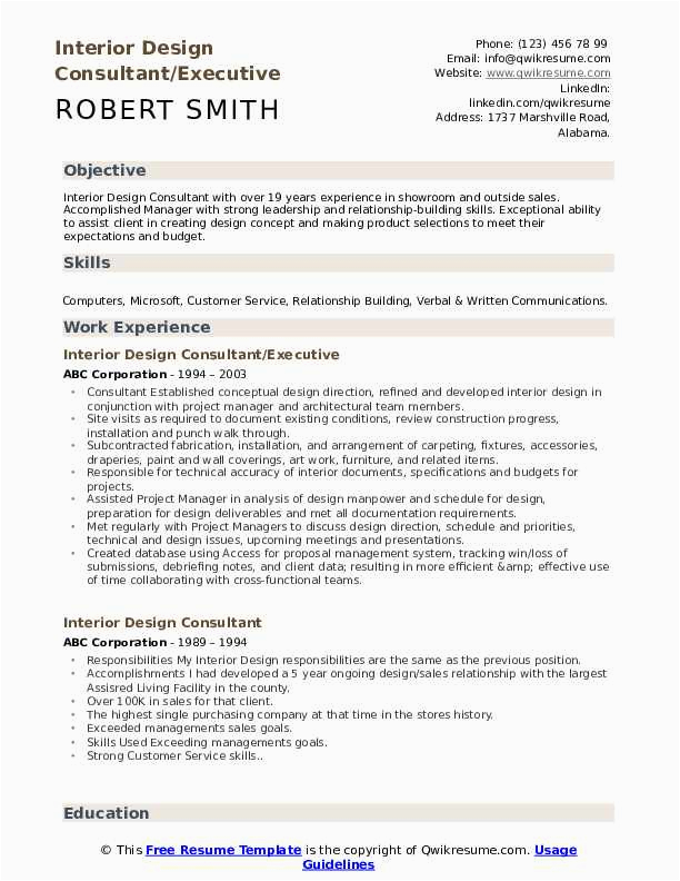 Sample Resume for Interior Design Consultant Interior Design Consultant Resume Samples