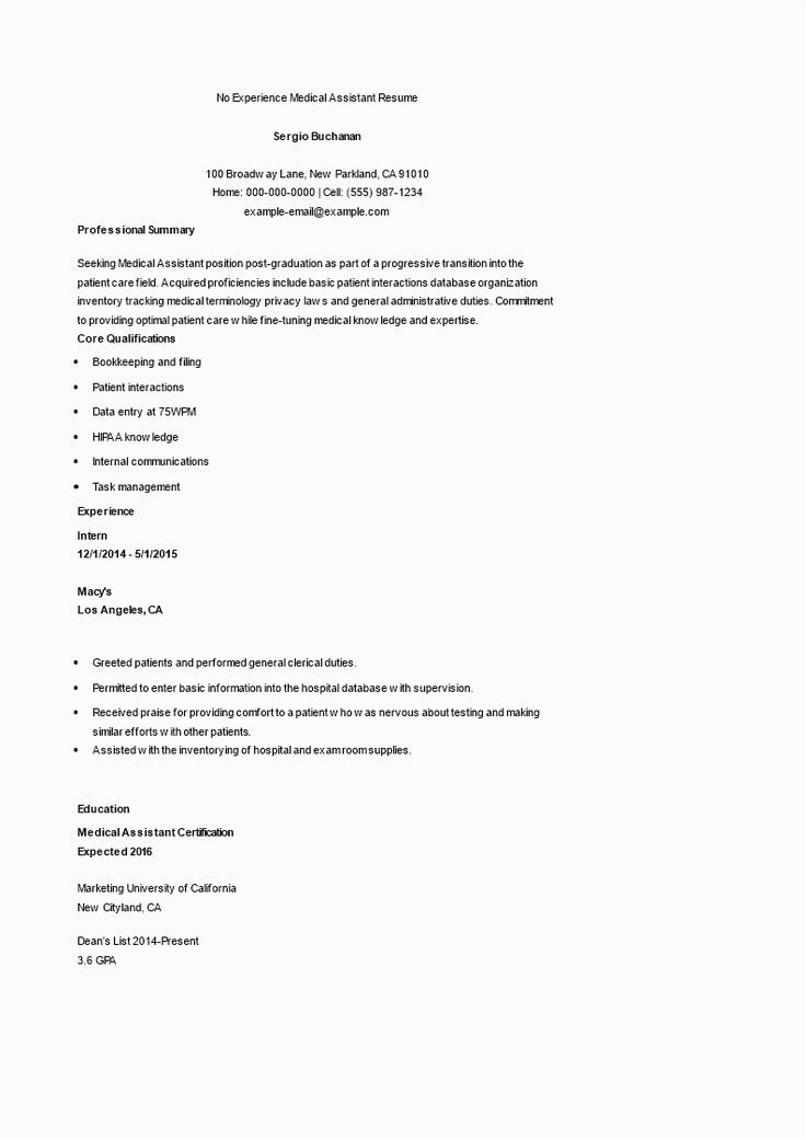 Sample Resume for Medical assistant Job with No Experience No Experience Medical assistant Resume How to Create A No Experience