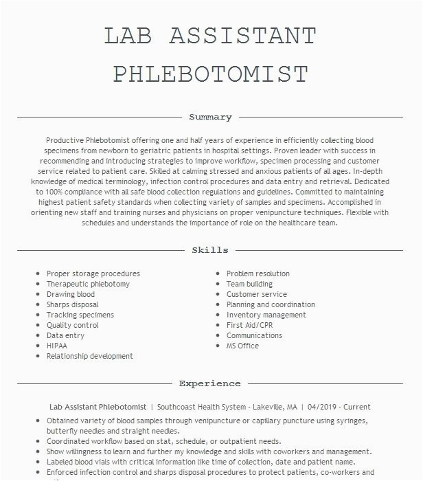 Sample Resume for Medical assistant/phlebotomist Lab assistant Phlebotomist Resume Example southcoast Health System