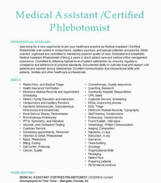 Sample Resume for Medical assistant/phlebotomist Medical assistant Phlebotomist Resume Example Pany Name Katy Texas