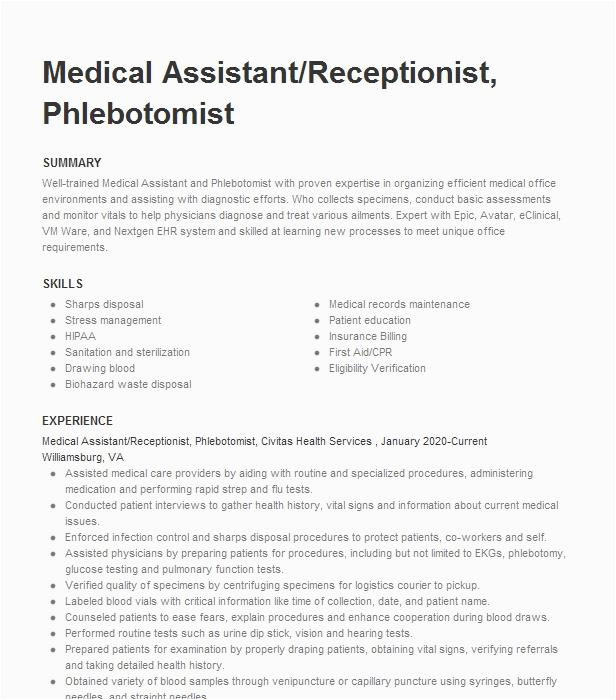 Sample Resume for Medical assistant/phlebotomist Medical assistant Phlebotomist Resume Example total Wellness Clifton