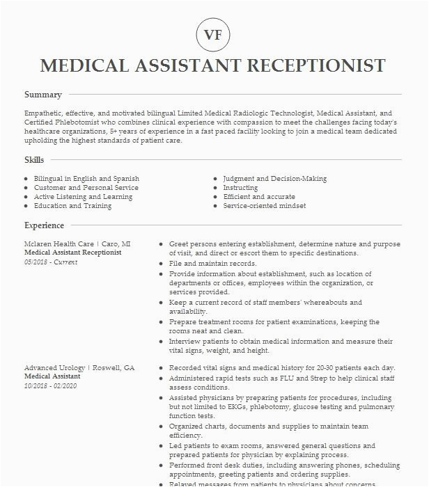 Sample Resume for Medical assistant Receptionist Medical assistant Receptionist Resume Example Pany Name Laredo Texas