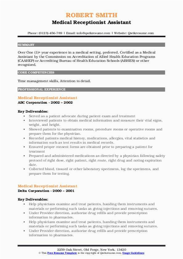 Sample Resume for Medical assistant Receptionist Medical Receptionist assistant Resume Samples