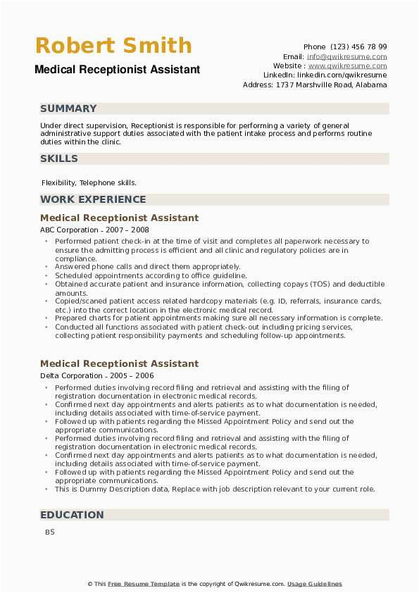 Sample Resume for Medical assistant Receptionist Medical Receptionist assistant Resume Samples