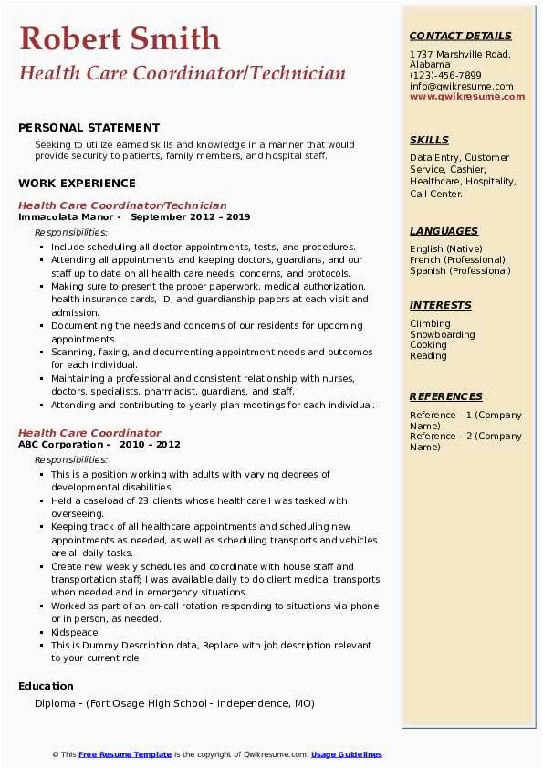 Sample Resume for Medical Care Coordinator Health Care Coordinator Resume Samples