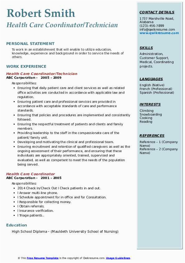 Sample Resume for Medical Care Coordinator Health Care Coordinator Resume Samples