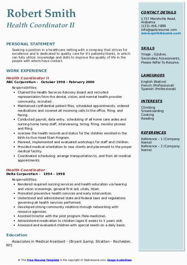 Sample Resume for Medical Care Coordinator Health Coordinator Resume Samples