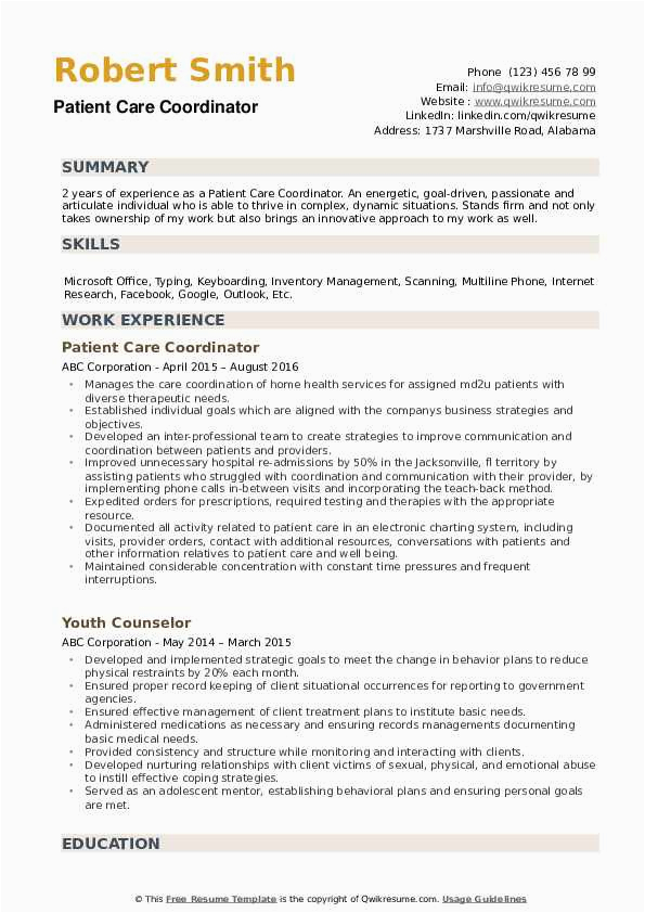 Sample Resume for Medical Care Coordinator Patient Care Coordinator Resume Samples