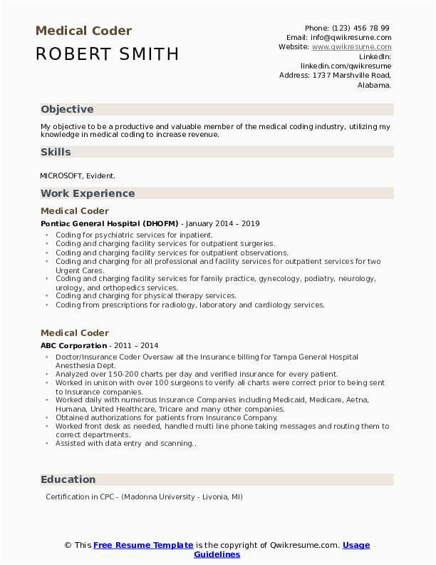 Sample Resume for Medical Coder with Experience Medical Coder Resume Samples