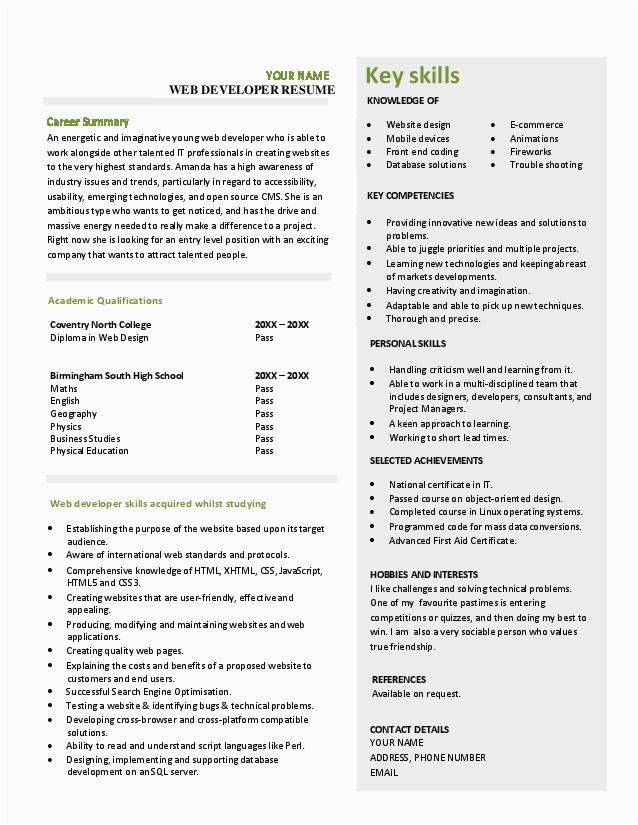 Sample Resume for Net Developer Fresher Download Resume for Web Developer Fresher