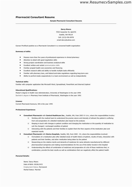 Sample Resume for Pharmacist In Canada Pharmacist Resume Canada