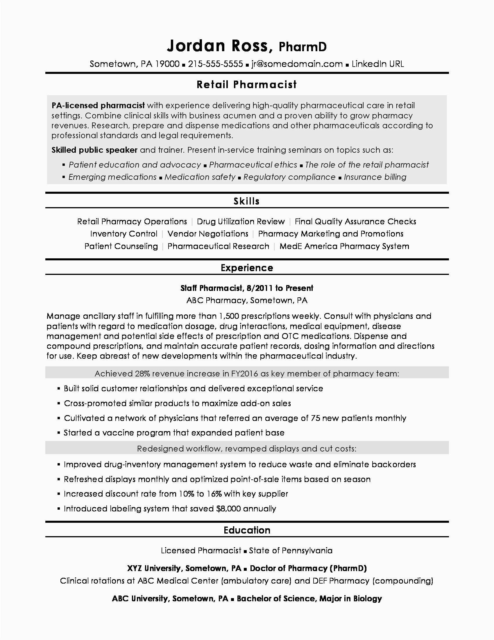 Sample Resume for Pharmacist In Canada Sample Pharmacist Resume