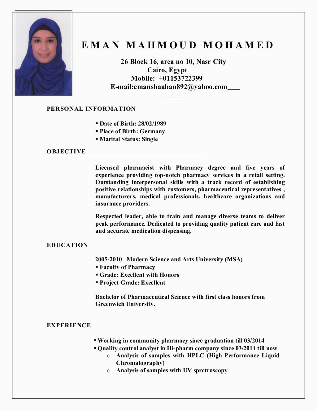 Sample Resume for Pharmacist In the Philippines Pharmacist Eman Shaban Cv
