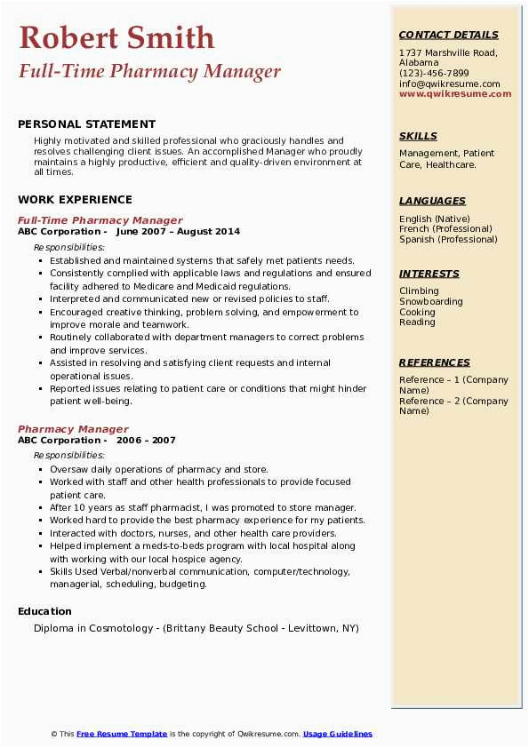 Sample Resume for Pharmacy Operations Manager Pharmacy Manager Resume Samples