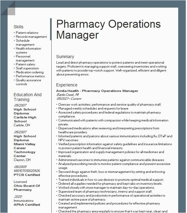 Sample Resume for Pharmacy Operations Manager Pharmacy Operations Manager Resume Example Pany Name Fenton Missouri