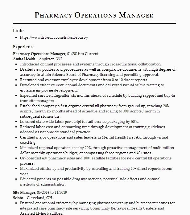 Sample Resume for Pharmacy Operations Manager Pharmacy Operations Manager Resume Example Pany Name Ta A