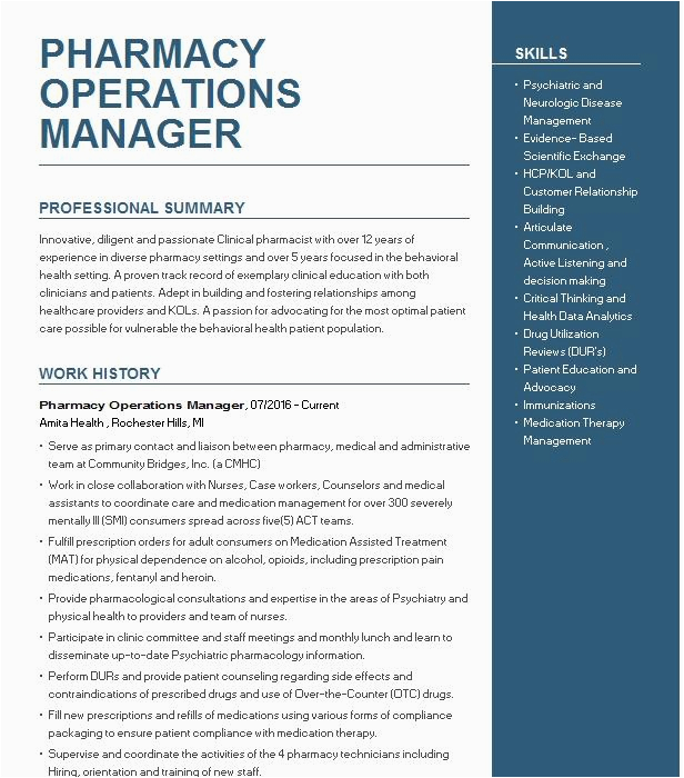 Sample Resume for Pharmacy Operations Manager Pharmacy Operations Manager Resume Example Pany Name the Colony Texas