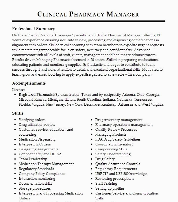 Sample Resume for Pharmacy Operations Manager Pharmacy Operations Manager Resume Example Pany Name Tifton Georgia