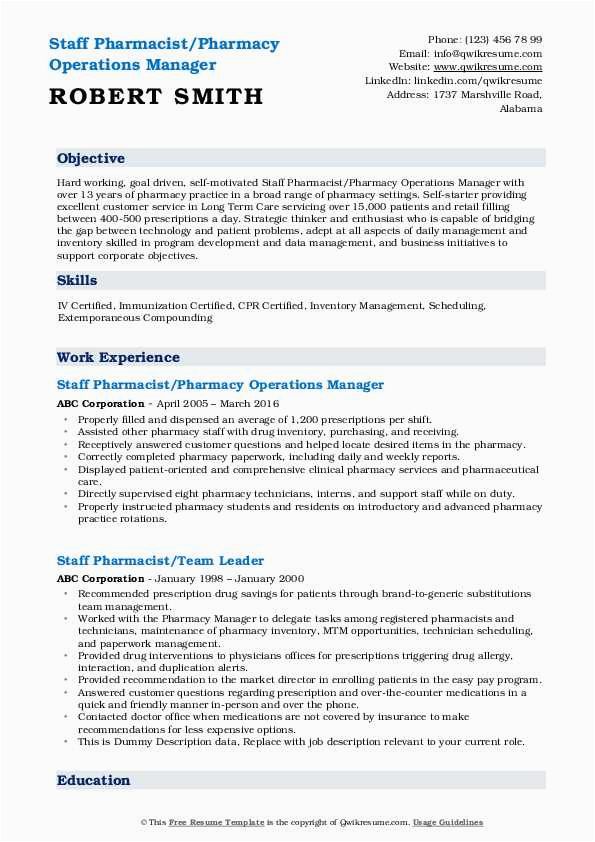 Sample Resume for Pharmacy Operations Manager Staff Pharmacist Resume Samples