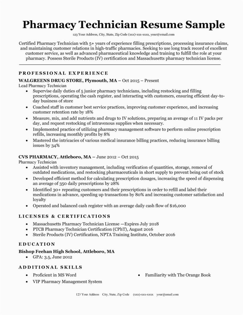 Sample Resume for Pharmacy Technician Job Pharmacy Technician Resume Sample & Tips