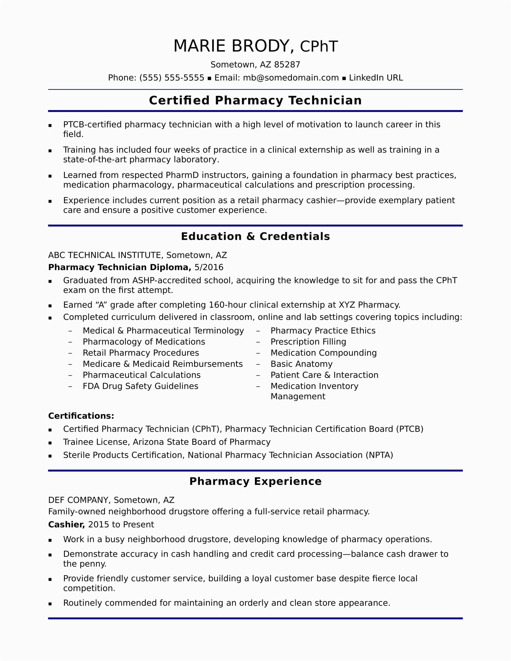 Sample Resume for Pharmacy Technician Objective Entry Level Pharmacy Technician Resume