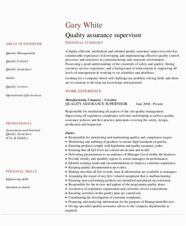 Sample Resume for Quality Control Supervisor Free 9 Sample Quality assurance Resume Templates In Ms