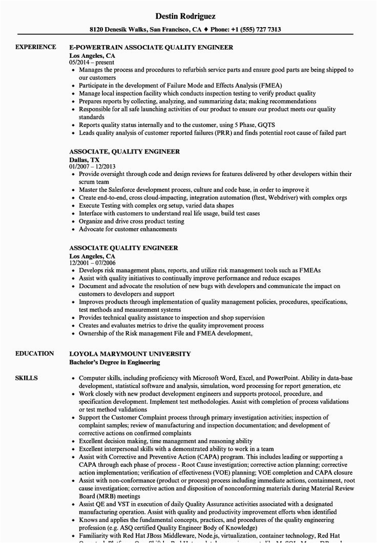 Sample Resume for Quality Engineer In Automobile Quality Engineer Resume Sample In 2020