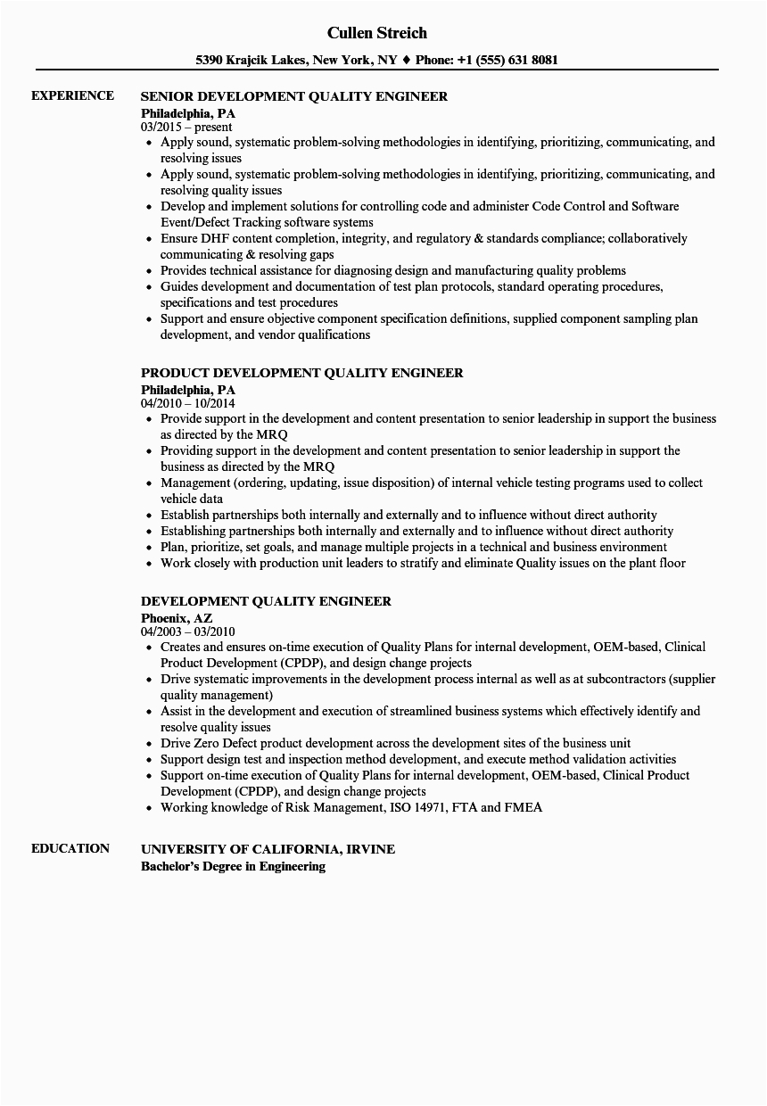 Sample Resume for Quality Engineer In Automobile Sample Resume for Quality Engineer In Automobile