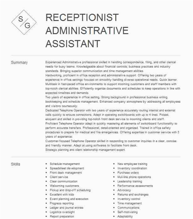 Sample Resume for Receptionist Administrative assistant Receptionist Administrative assistant Resume Example