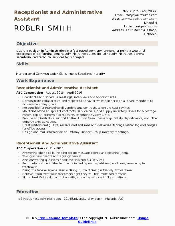 Sample Resume for Receptionist Administrative assistant Receptionist and Administrative assistant Resume Samples